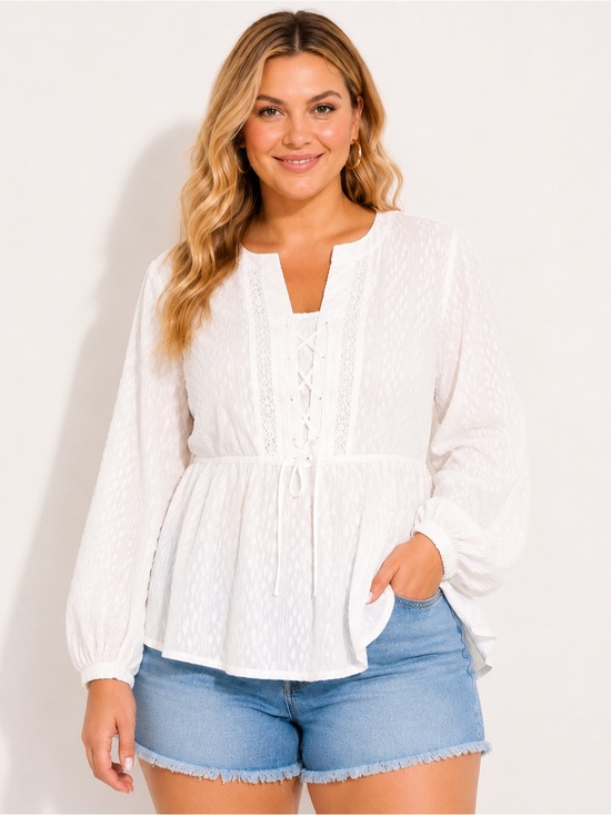 Lane Bryant Tops - 🤍 NWT Lane Bryant White Crochet Lace Up Textured Peplum Blouse Size 20